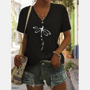 Дамска тениска Dragonfly Letter Print T-shirt V-образно деколте Ежедневна тениска с къс ръкав за лято Овърсайз дамско облекло Пуловер