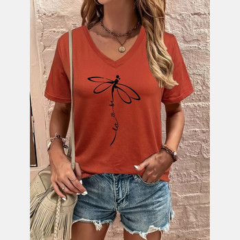 Дамска тениска Dragonfly Letter Print T-shirt V-образно деколте Ежедневна тениска с къс ръкав за лято Овърсайз дамско облекло Пуловер