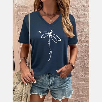 Дамска тениска Dragonfly Letter Print T-shirt V-образно деколте Ежедневна тениска с къс ръкав за лято Овърсайз дамско облекло Пуловер