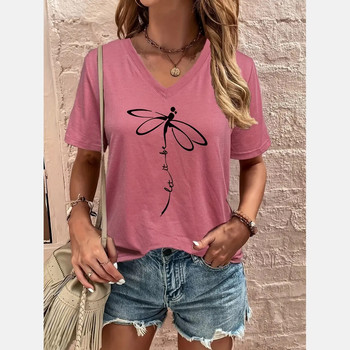 Дамска тениска Dragonfly Letter Print T-shirt V-образно деколте Ежедневна тениска с къс ръкав за лято Овърсайз дамско облекло Пуловер