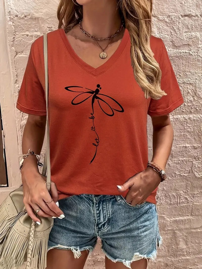 Ženska majica kratkih rukava Dragonfly T-shirt s V izrezom i slovima Ležerna majica kratkih rukava za ljeto Prevelika ženska odjeća Pulover