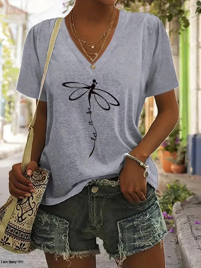 Ženska majica kratkih rukava Dragonfly T-shirt s V izrezom i slovima Ležerna majica kratkih rukava za ljeto Prevelika ženska odjeća Pulover