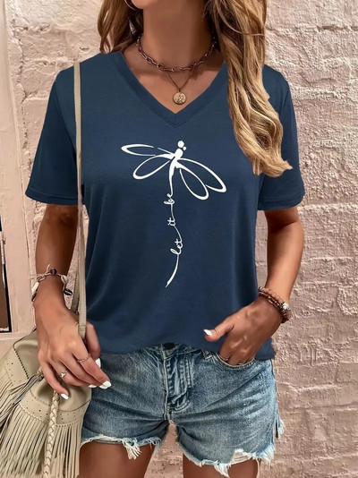 Ženska majica kratkih rukava Dragonfly T-shirt s V izrezom i slovima Ležerna majica kratkih rukava za ljeto Prevelika ženska odjeća Pulover