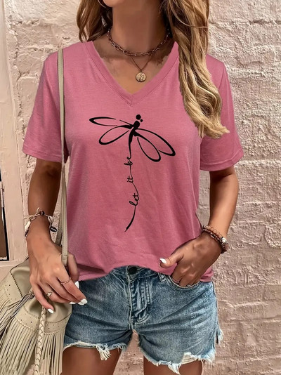 Ženska majica kratkih rukava Dragonfly T-shirt s V izrezom i slovima Ležerna majica kratkih rukava za ljeto Prevelika ženska odjeća Pulover