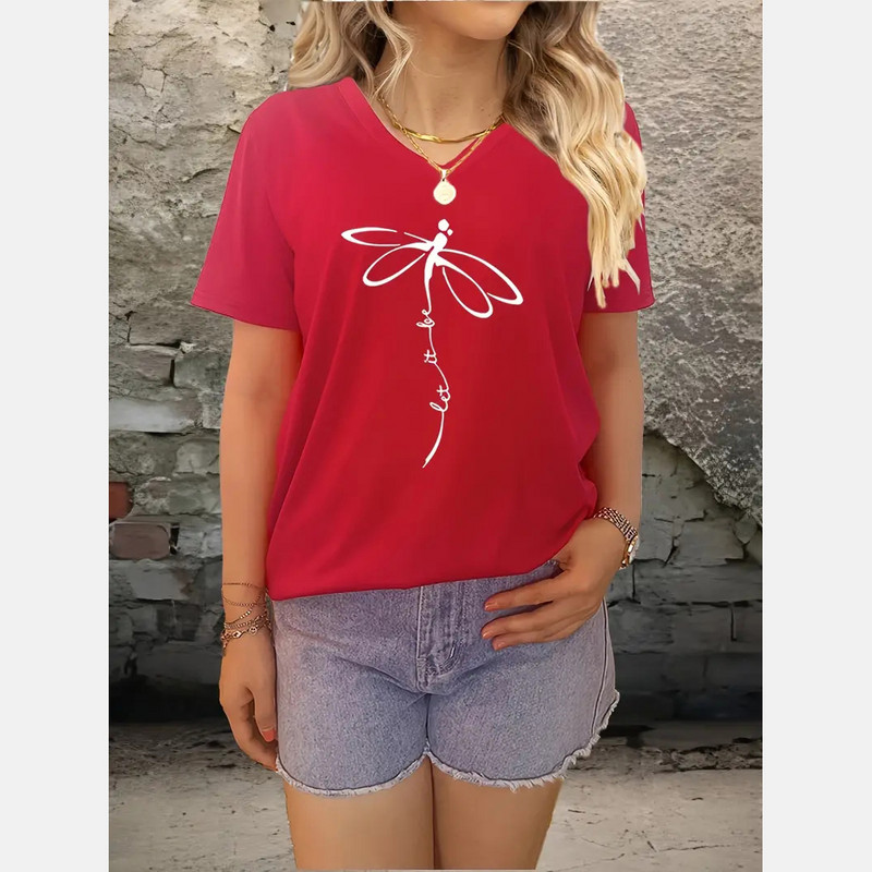 Ženska majica kratkih rukava Dragonfly T-shirt s V izrezom i slovima Ležerna majica kratkih rukava za ljeto Prevelika ženska odjeća Pulover
