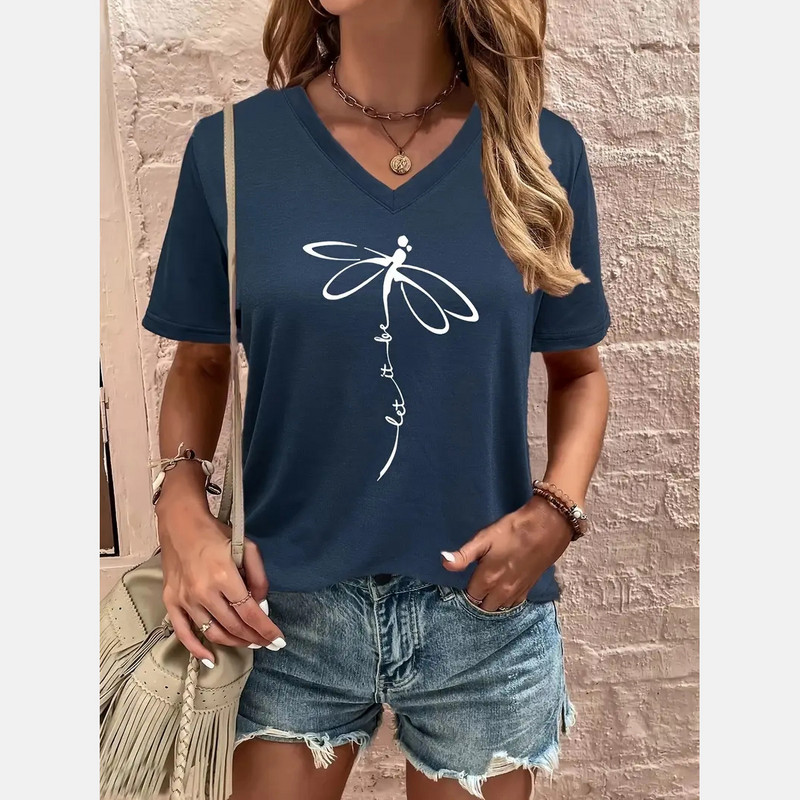 Ženska majica kratkih rukava Dragonfly T-shirt s V izrezom i slovima Ležerna majica kratkih rukava za ljeto Prevelika ženska odjeća Pulover