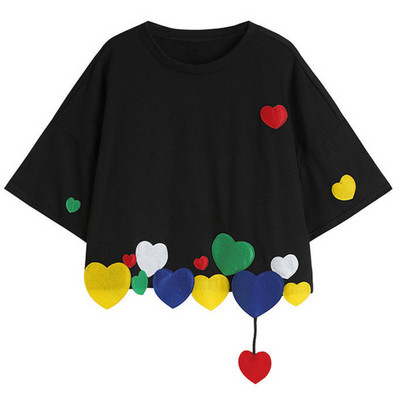 Tricou de vară pentru femei, lejer, scurt, cu gâtul O, cu mâneci scurte, cu aplicații colorate, cu inimă de dragoste, tricou pentru adolescenți, tricou Kawaii