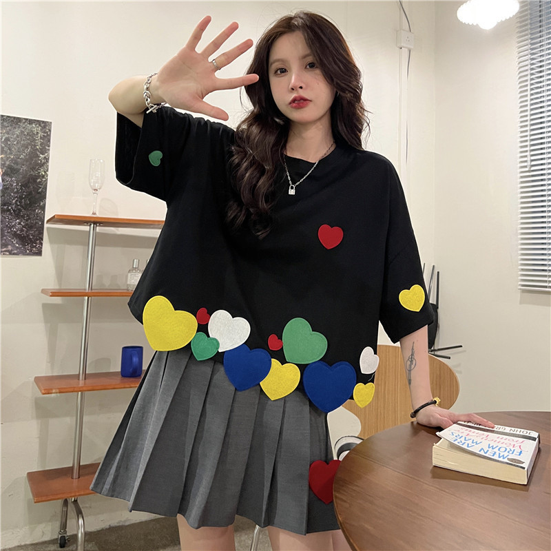 Tricou de vară pentru femei, lejer, scurt, cu gâtul O, cu mâneci scurte, cu aplicații colorate, cu inimă de dragoste, tricou pentru adolescenți, tricou Kawaii