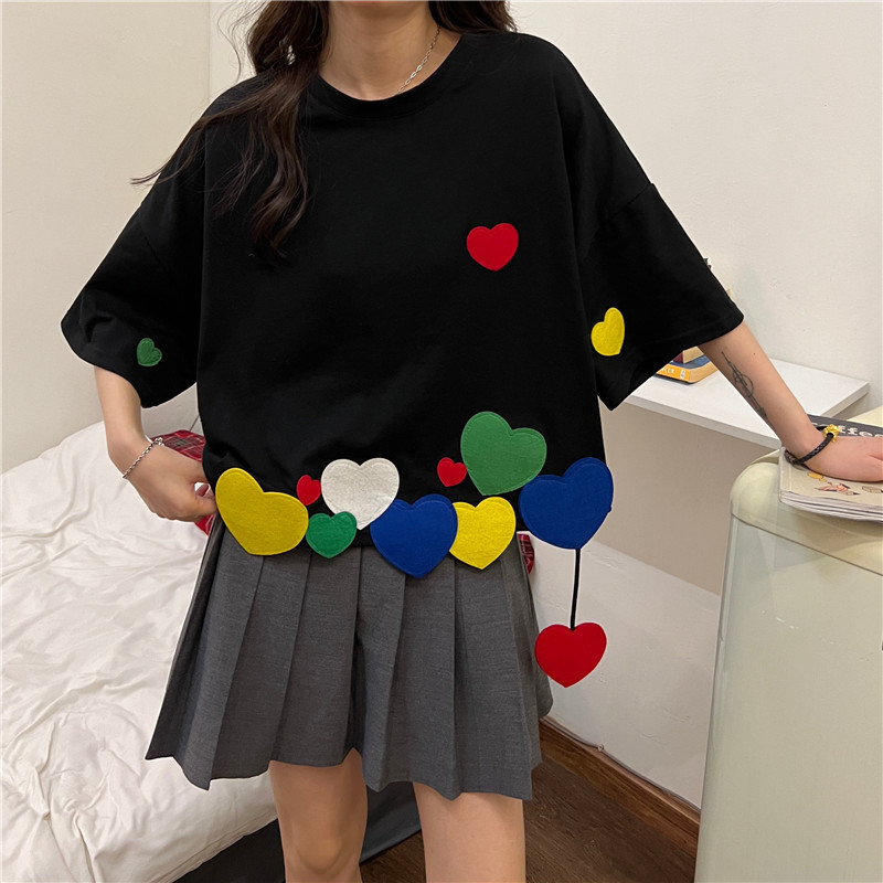 Tricou de vară pentru femei, lejer, scurt, cu gâtul O, cu mâneci scurte, cu aplicații colorate, cu inimă de dragoste, tricou pentru adolescenți, tricou Kawaii