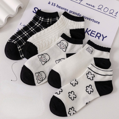 5 perechi/lot șosete cu flori pentru glezne pentru femei Crew No Show, scurte, subțiri, respirabile, alb, primăvară, toamnă, drăguți, șosete cu barcă din desene animate