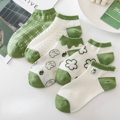 5 perechi/lot șosete cu flori pentru glezne pentru femei Crew No Show, scurte, subțiri, respirabile, alb, primăvară, toamnă, drăguți, șosete cu barcă din desene animate