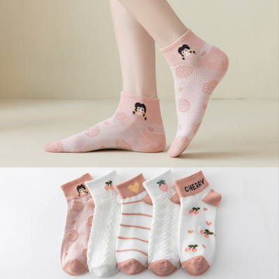 5 perechi/lot șosete cu flori pentru glezne pentru femei Crew No Show, scurte, subțiri, respirabile, alb, primăvară, toamnă, drăguți, șosete cu barcă din desene animate