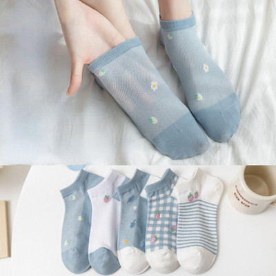 5 perechi/lot șosete cu flori pentru glezne pentru femei Crew No Show, scurte, subțiri, respirabile, alb, primăvară, toamnă, drăguți, șosete cu barcă din desene animate