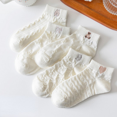 5 perechi/lot șosete cu flori pentru glezne pentru femei Crew No Show, scurte, subțiri, respirabile, alb, primăvară, toamnă, drăguți, șosete cu barcă din desene animate