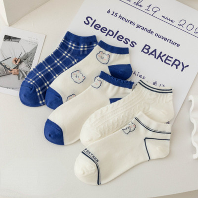 5 perechi/lot șosete cu flori pentru glezne pentru femei Crew No Show, scurte, subțiri, respirabile, alb, primăvară, toamnă, drăguți, șosete cu barcă din desene animate