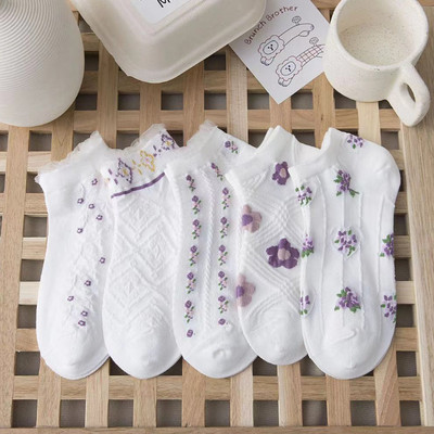 5 perechi/lot șosete cu flori pentru glezne pentru femei Crew No Show, scurte, subțiri, respirabile, alb, primăvară, toamnă, drăguți, șosete cu barcă din desene animate