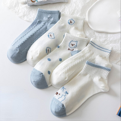 5 perechi/lot șosete cu flori pentru glezne pentru femei Crew No Show, scurte, subțiri, respirabile, alb, primăvară, toamnă, drăguți, șosete cu barcă din desene animate