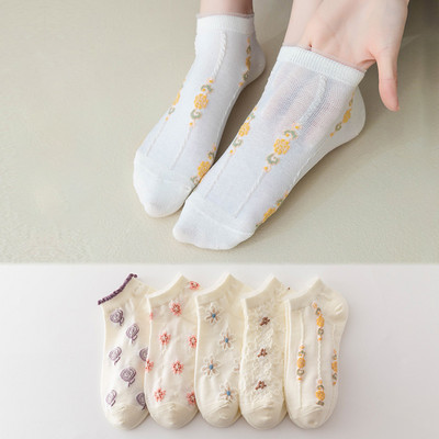5 perechi/lot șosete cu flori pentru glezne pentru femei Crew No Show, scurte, subțiri, respirabile, alb, primăvară, toamnă, drăguți, șosete cu barcă din desene animate