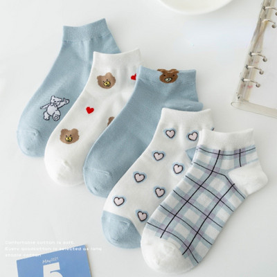 5 perechi/lot șosete cu flori pentru glezne pentru femei Crew No Show, scurte, subțiri, respirabile, alb, primăvară, toamnă, drăguți, șosete cu barcă din desene animate