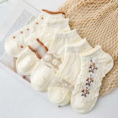 5 perechi/lot șosete cu flori pentru glezne pentru femei Crew No Show, scurte, subțiri, respirabile, alb, primăvară, toamnă, drăguți, șosete cu barcă din desene animate