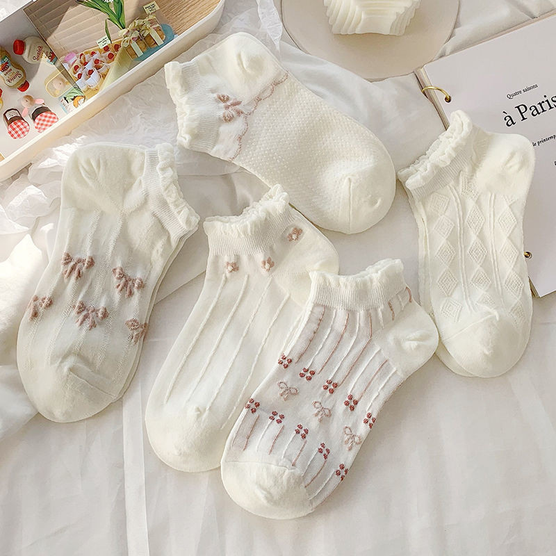5 perechi/lot șosete cu flori pentru glezne pentru femei Crew No Show, scurte, subțiri, respirabile, alb, primăvară, toamnă, drăguți, șosete cu barcă din desene animate