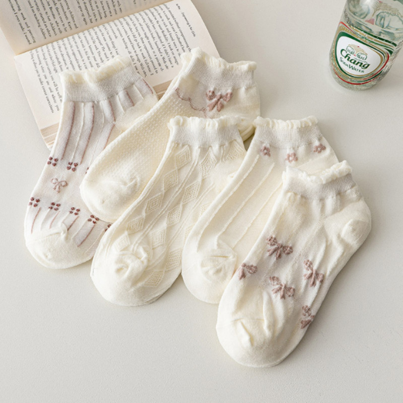 5 perechi/lot șosete cu flori pentru glezne pentru femei Crew No Show, scurte, subțiri, respirabile, alb, primăvară, toamnă, drăguți, șosete cu barcă din desene animate