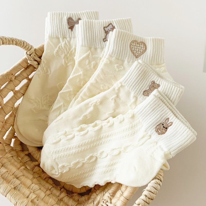 5 perechi/lot șosete cu flori pentru glezne pentru femei Crew No Show, scurte, subțiri, respirabile, alb, primăvară, toamnă, drăguți, șosete cu barcă din desene animate