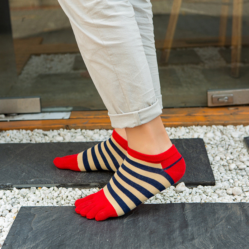 Bumbac pieptănat, glezne, șosete cu 5 degete, bărbați, băiat, în dungi, colorate, casual, care absoarbe transpirația, respirabil, șosete fără degete, 4 anotimpuri