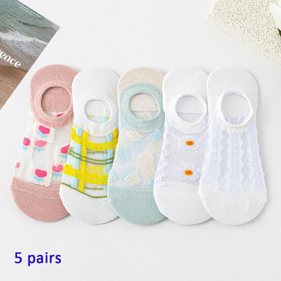 5 perechi de șosete pentru bărci din fibră de sticlă pentru femei, șosete invizibile din silicon cu tăiere joasă, anti-alunecare, respirabile de vară și fără glezne.