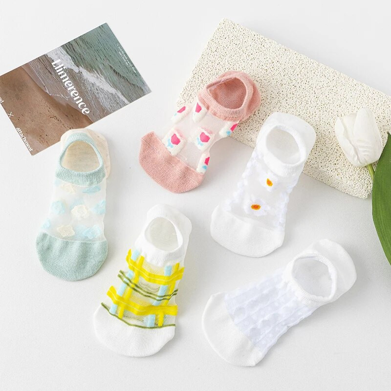 5 perechi de șosete pentru bărci din fibră de sticlă pentru femei, șosete invizibile din silicon cu tăiere joasă, anti-alunecare, respirabile de vară și fără glezne.