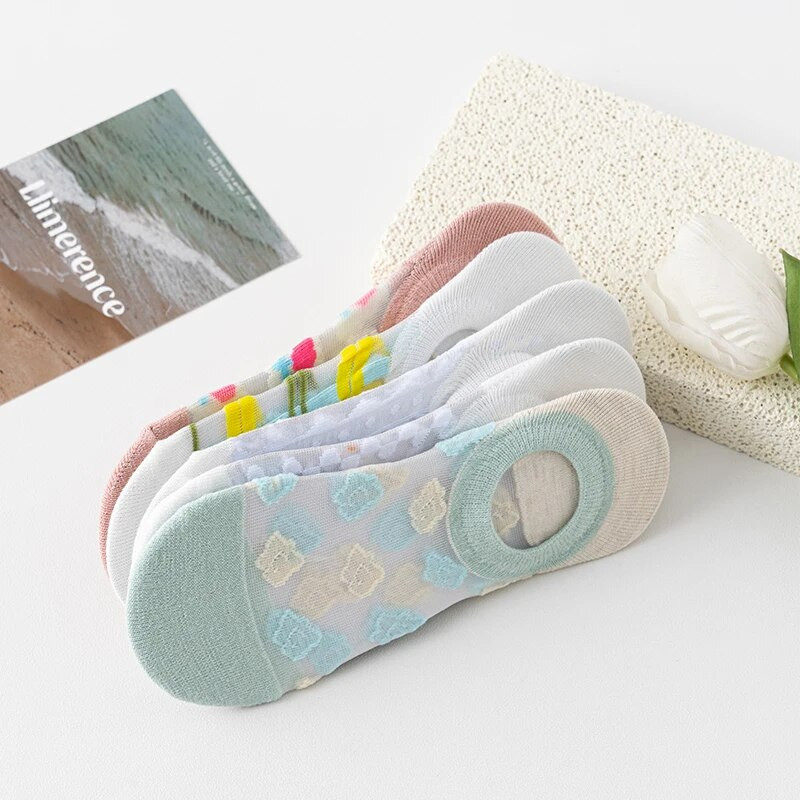 5 perechi de șosete pentru bărci din fibră de sticlă pentru femei, șosete invizibile din silicon cu tăiere joasă, anti-alunecare, respirabile de vară și fără glezne.