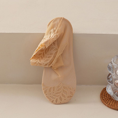 1 Ζευγάρι Φύλλα Εκτύπωση Σέξι Δαντελένιες Κάλτσες Αόρατες Γυναικείες Δαντέλες Κάλτσες Βάρκας Αντιολισθητικές Κοντές εξαιρετικά λεπτές ελαστικές κάλτσες