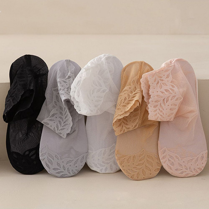 1 Ζευγάρι Φύλλα Εκτύπωση Σέξι Δαντελένιες Κάλτσες Αόρατες Γυναικείες Δαντέλες Κάλτσες Βάρκας Αντιολισθητικές Κοντές εξαιρετικά λεπτές ελαστικές κάλτσες