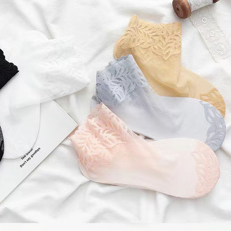 1 Ζευγάρι Φύλλα Εκτύπωση Σέξι Δαντελένιες Κάλτσες Αόρατες Γυναικείες Δαντέλες Κάλτσες Βάρκας Αντιολισθητικές Κοντές εξαιρετικά λεπτές ελαστικές κάλτσες