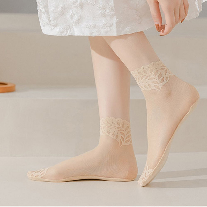 1 Ζευγάρι Φύλλα Εκτύπωση Σέξι Δαντελένιες Κάλτσες Αόρατες Γυναικείες Δαντέλες Κάλτσες Βάρκας Αντιολισθητικές Κοντές εξαιρετικά λεπτές ελαστικές κάλτσες