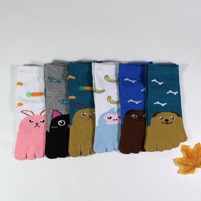 Tiszta pamut női lány ötujjas boka zokni aranyos állat medve macska nyúl újdonság divat fiatal, nem látható zokni lábujjakkal Rajzfilm