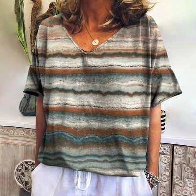 Tricou de vară pentru femei cu decolteu în V Topuri de modă ocazional Tricouri în carouri noi Îmbrăcăminte Harajuku Bluză cu mânecă scurtă lejeră Hanorac pentru femei