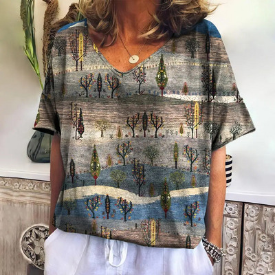 Tricou de vară pentru femei cu decolteu în V Topuri de modă ocazional Tricouri în carouri noi Îmbrăcăminte Harajuku Bluză cu mânecă scurtă lejeră Hanorac pentru femei