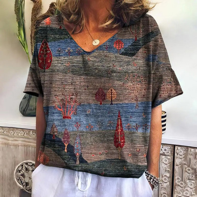 Tricou de vară pentru femei cu decolteu în V Topuri de modă ocazional Tricouri în carouri noi Îmbrăcăminte Harajuku Bluză cu mânecă scurtă lejeră Hanorac pentru femei