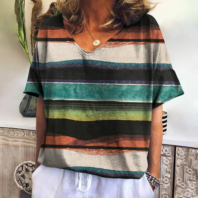 Tricou de vară pentru femei cu decolteu în V Topuri de modă ocazional Tricouri în carouri noi Îmbrăcăminte Harajuku Bluză cu mânecă scurtă lejeră Hanorac pentru femei