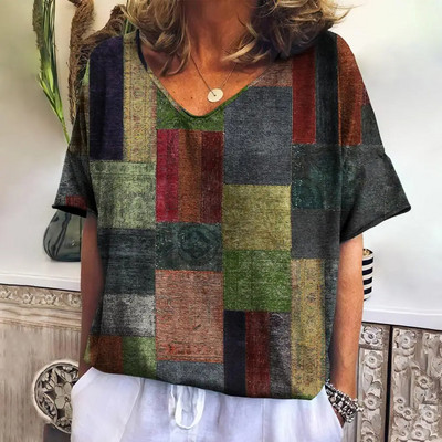 Tricou de vară pentru femei cu decolteu în V Topuri de modă ocazional Tricouri în carouri noi Îmbrăcăminte Harajuku Bluză cu mânecă scurtă lejeră Hanorac pentru femei