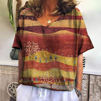 Tricou de vară pentru femei cu decolteu în V Topuri de modă ocazional Tricouri în carouri noi Îmbrăcăminte Harajuku Bluză cu mânecă scurtă lejeră Hanorac pentru femei