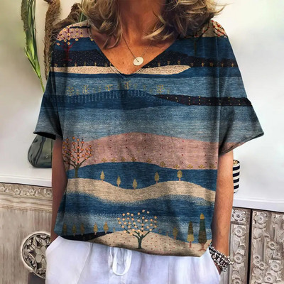 Tricou de vară pentru femei cu decolteu în V Topuri de modă ocazional Tricouri în carouri noi Îmbrăcăminte Harajuku Bluză cu mânecă scurtă lejeră Hanorac pentru femei