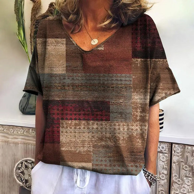 Tricou de vară pentru femei cu decolteu în V Topuri de modă ocazional Tricouri în carouri noi Îmbrăcăminte Harajuku Bluză cu mânecă scurtă lejeră Hanorac pentru femei