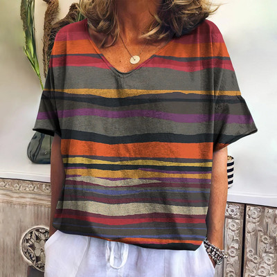 Tricou de vară pentru femei cu decolteu în V Topuri de modă ocazional Tricouri în carouri noi Îmbrăcăminte Harajuku Bluză cu mânecă scurtă lejeră Hanorac pentru femei