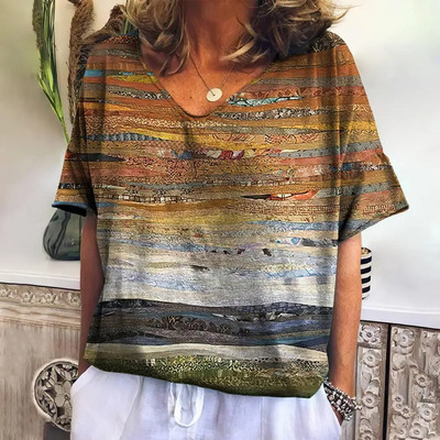 Tricou de vară pentru femei cu decolteu în V Topuri de modă ocazional Tricouri în carouri noi Îmbrăcăminte Harajuku Bluză cu mânecă scurtă lejeră Hanorac pentru femei