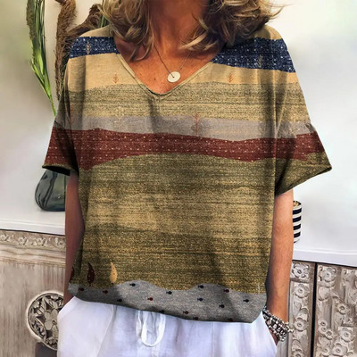 Tricou de vară pentru femei cu decolteu în V Topuri de modă ocazional Tricouri în carouri noi Îmbrăcăminte Harajuku Bluză cu mânecă scurtă lejeră Hanorac pentru femei