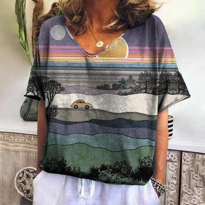 Tricou de vară pentru femei cu decolteu în V Topuri de modă ocazional Tricouri în carouri noi Îmbrăcăminte Harajuku Bluză cu mânecă scurtă lejeră Hanorac pentru femei