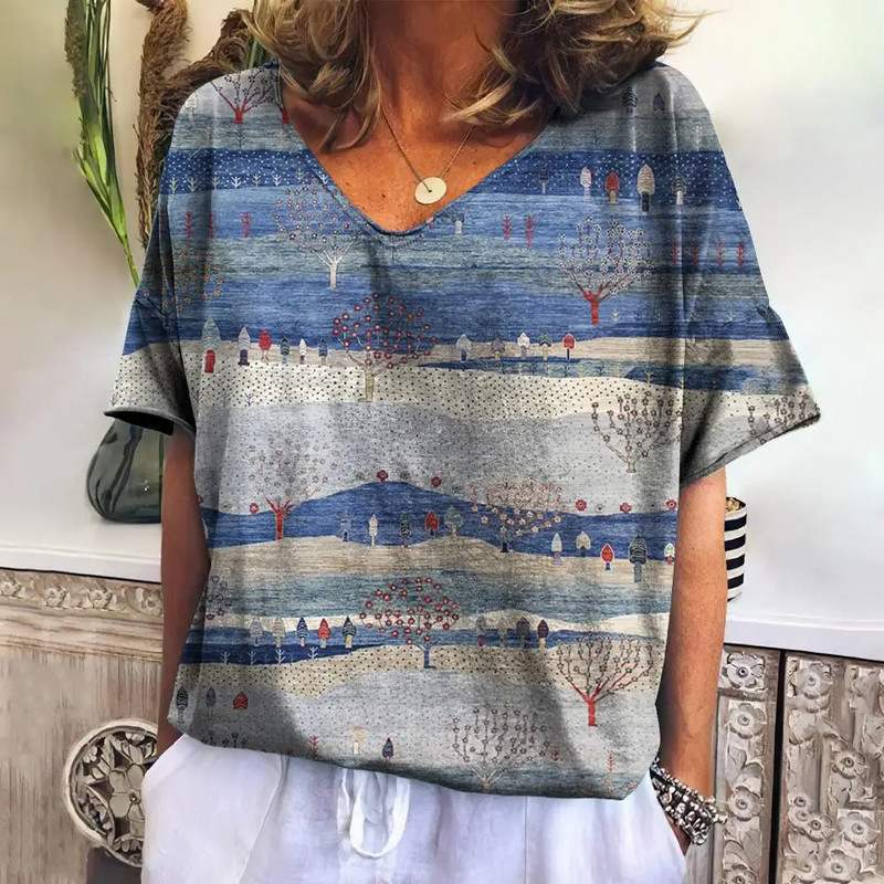 Tricou de vară pentru femei cu decolteu în V Topuri de modă ocazional Tricouri în carouri noi Îmbrăcăminte Harajuku Bluză cu mânecă scurtă lejeră Hanorac pentru femei