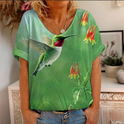 Ljetna majica kratkih rukava s cvjetnim motivima i pticama s 3D printom Ženske majice s cvijećem V-izrezom Ulična odjeća Ženske majice Harajuku Y2k Cool majice za djevojke